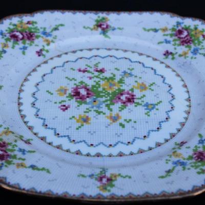 Rare Vintage Royal Albert Cross Stitch Floral Gold Edging Set. 2 Square Dessert Plates and 8 Petit Point Egg Cups. Small cracks in one...