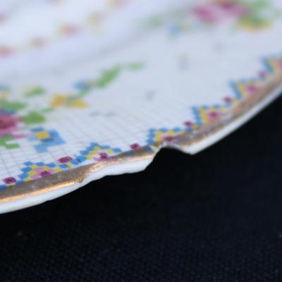 Rare Vintage Royal Albert Cross Stitch Floral Gold Edging Set. 2 Square Dessert Plates and 8 Petit Point Egg Cups. Small cracks in one...