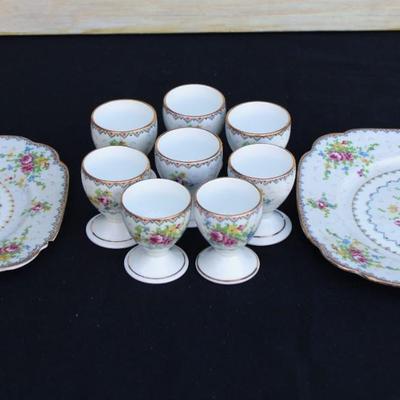 Rare Vintage Royal Albert Cross Stitch Floral Gold Edging Set. 2 Square Dessert Plates and 8 Petit Point Egg Cups. Small cracks in one...