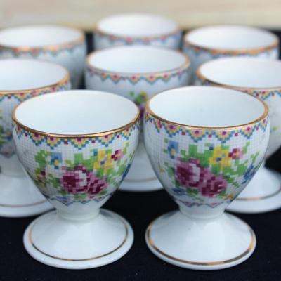 Rare Vintage Royal Albert Cross Stitch Floral Gold Edging Set. 2 Square Dessert Plates and 8 Petit Point Egg Cups. Small cracks in one...