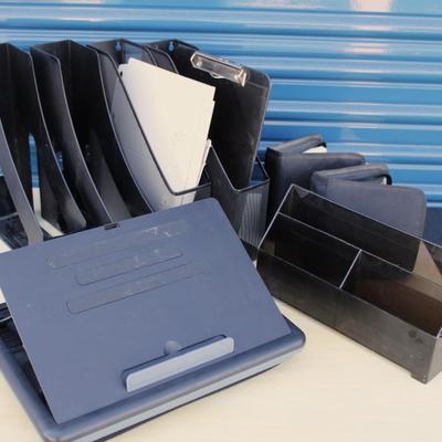 Office supplies; lap desk and organizers; four shelf racks and two cd holders, clipboard