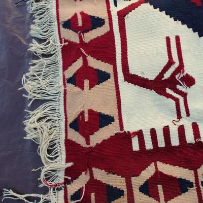Ivory and burgundy Turkish wool rug; flat weave, hand made