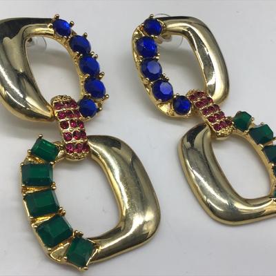 Vintage Designer  Arnold Scaasi Couture Color Crystal Big Dangle Stud Pierced Earrings.