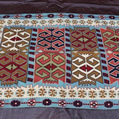 Light blue and brown Turkish wool rug; flat weave, hand made