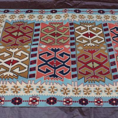 Light blue and brown Turkish wool rug; flat weave, hand made