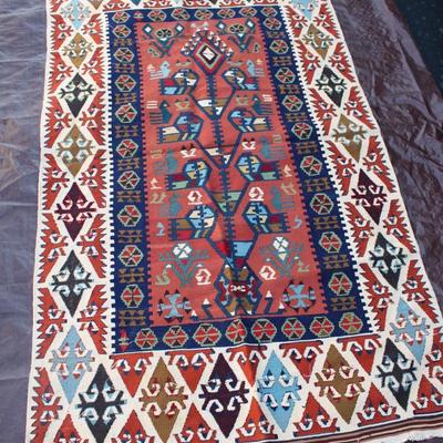 Rust and navy blue Turkish wool rug; flat weave, hand made