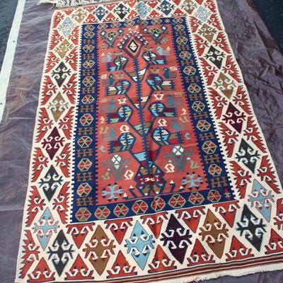 Rust and navy blue Turkish wool rug; flat weave, hand made