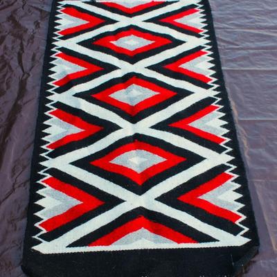 Black white and red Turkish wool rug runner; Hand made