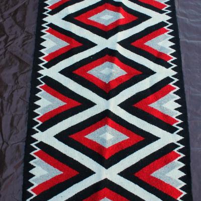 Black white and red Turkish wool rug runner; Hand made