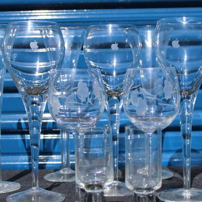 Crystal glass sets two shot glasses two small engraved wine glasses three large Apple wine glasses four champagne flutes