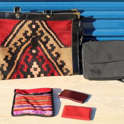 Assortment of bags.  Turkish bag, nine west bag, two small card wallets