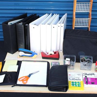 Large bundle of office supplies; binders, Eddie Bauer briefcase binder, labels, clips and markers