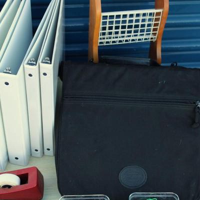 Large bundle of office supplies; binders, Eddie Bauer briefcase binder, labels, clips and markers