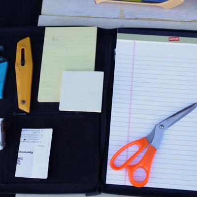 Large bundle of office supplies; binders, Eddie Bauer briefcase binder, labels, clips and markers