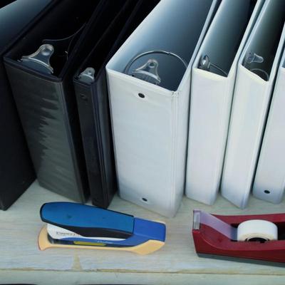 Large bundle of office supplies; binders, Eddie Bauer briefcase binder, labels, clips and markers