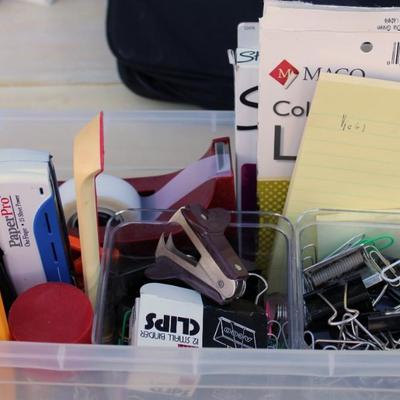Large bundle of office supplies; binders, Eddie Bauer briefcase binder, labels, clips and markers