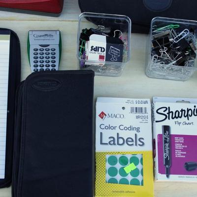 Large bundle of office supplies; binders, Eddie Bauer briefcase binder, labels, clips and markers