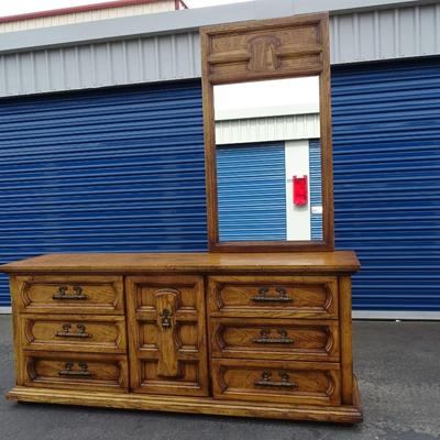 Vintage Burlington Traditional Dresser with side mirror and cross on middle door