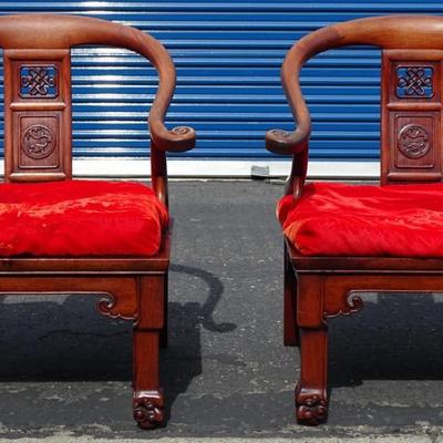 Rosewood Asian Chairs set of two by Cathay Arts Company in Hong Kong. Some wear and tear