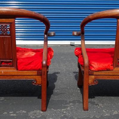 Rosewood Asian Chairs set of two by Cathay Arts Company in Hong Kong. Some wear and tear