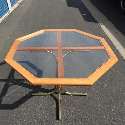 Vintage glass top table with brass legs, 3 chairs included
