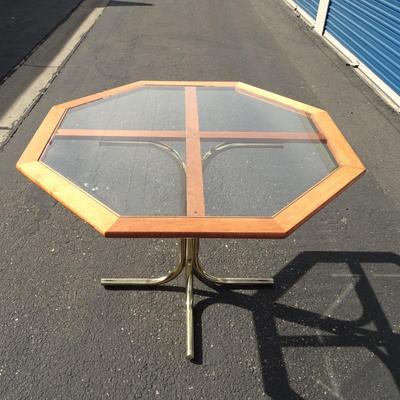 Vintage glass top table with brass legs, 3 chairs included