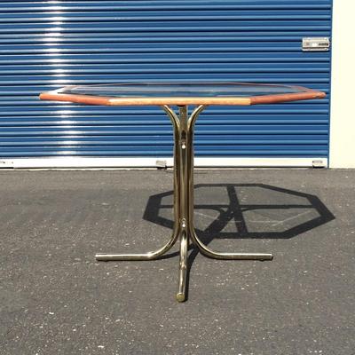 Vintage glass top table with brass legs, 3 chairs included