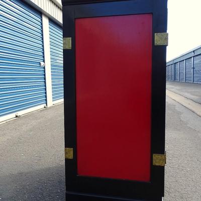 Red and Black Chinoiserie, Lacquered, Carved and Painted cabinet  by Cathay Arts company. Some wear and tear.