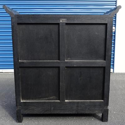 Red and Black Chinoiserie, Lacquered, Carved and Painted cabinet  by Cathay Arts company. Some wear and tear.