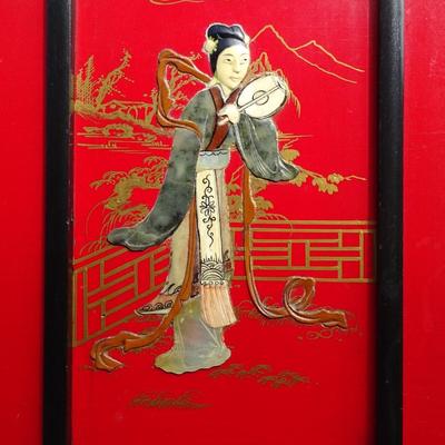 Red and Black Chinoiserie, Lacquered, Carved and Painted cabinet  by Cathay Arts company. Some wear and tear.