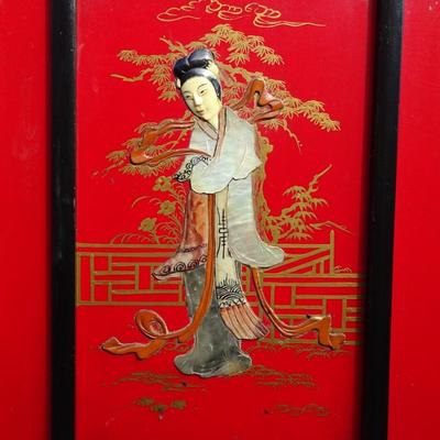 Red and Black Chinoiserie, Lacquered, Carved and Painted cabinet  by Cathay Arts company. Some wear and tear.
