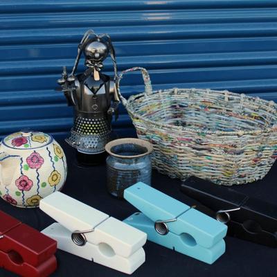 Revelation (Japan) teapot, rolled newspaper basket and decor including four oversized paper clips, ceramic pen holder and a handcrafted...