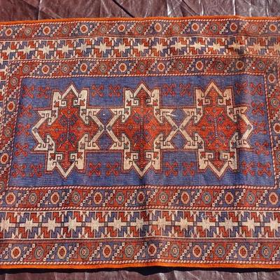 Large Turkish burgundy and slate blue wool rug; flat weave, hand made