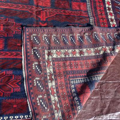 Large red and dark blue Turkish wool rug; flat weave, hand made
