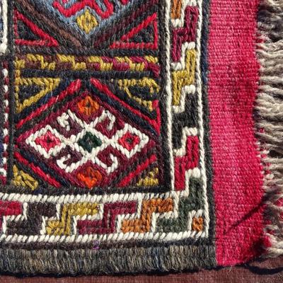 Red and brown tones Turkish wool rug; flat weave, hand made