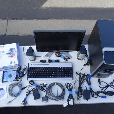 Acer Computer, monitor, keyboard, mouse, speakers, assorted cables