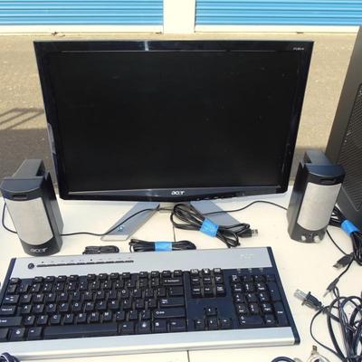 Acer Computer, monitor, keyboard, mouse, speakers, assorted cables