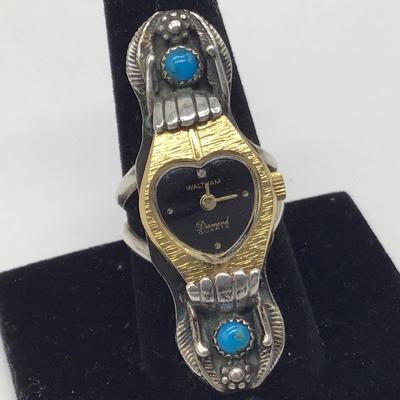 Very Unique  Signed Rus Sterling Silver Turquoise Ring With Vintage Waltham Diamond Watch
