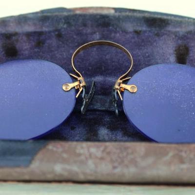 Antique blue glasses and case