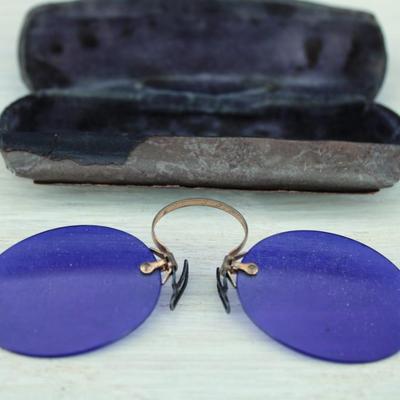 Antique blue glasses and case
