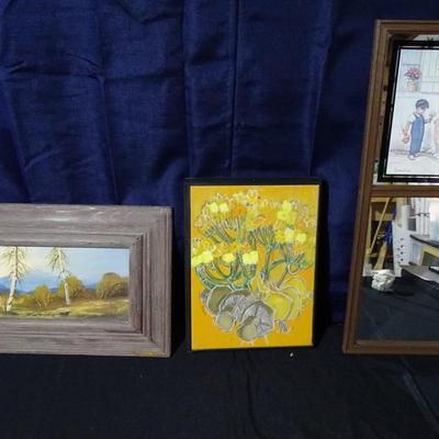 3 Vintage art pieces; Painting by Betsy Jones, 1974 Modernism; mirror and print dÃ©cor piece by Georges Redon   titled "Emotion"