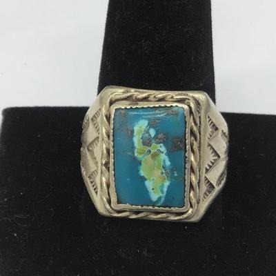 Large Vintage Turquoise and Sterling silver Mens Ring