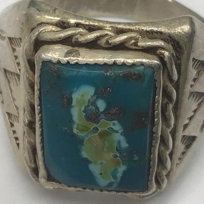 Large Vintage Turquoise and Sterling silver Mens Ring