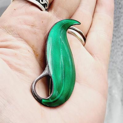 GREEN ENAMEL NORWAY STERLING BROOCH