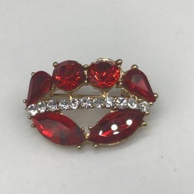 Red Glass and Faux Diamond Brooch
