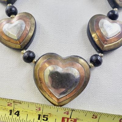 VINTAGE MIXED METAL SILVER COPPERNBRASS LAYERED BLACK HEART STATEMENT NECKLACE