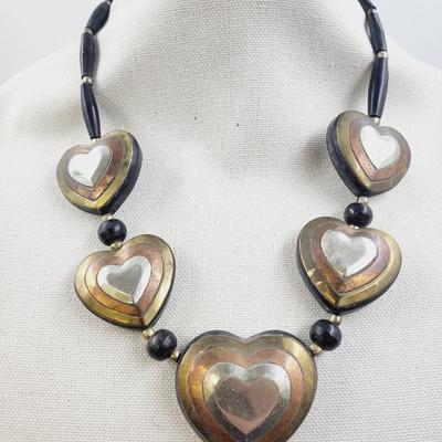 VINTAGE MIXED METAL SILVER COPPERNBRASS LAYERED BLACK HEART STATEMENT NECKLACE