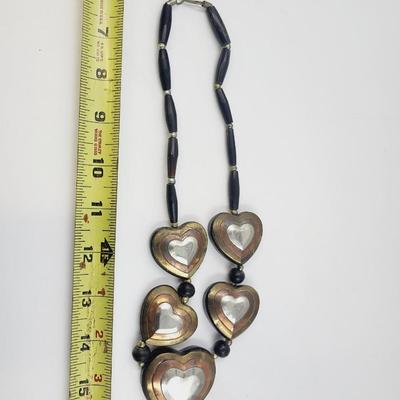 VINTAGE MIXED METAL SILVER COPPERNBRASS LAYERED BLACK HEART STATEMENT NECKLACE