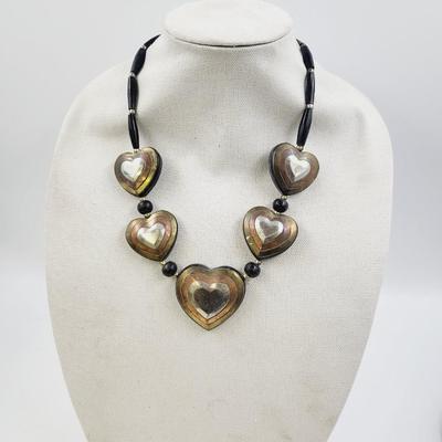 VINTAGE MIXED METAL SILVER COPPERNBRASS LAYERED BLACK HEART STATEMENT NECKLACE