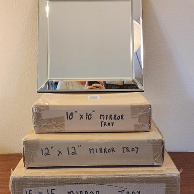 Lot of 3 Heavy Mirrored Trays with Beveled Edges - NEW, still in original boxes. 15", 12" and 10" trays